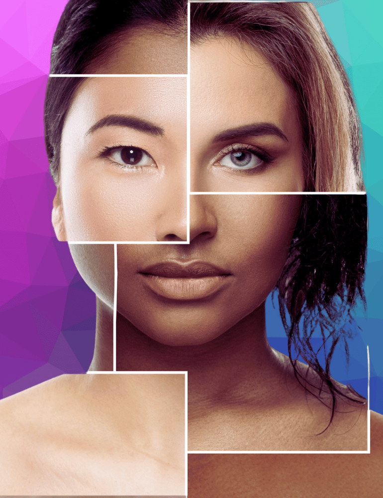 Collage of a woman's face with close-up shots on a colorful geometric background