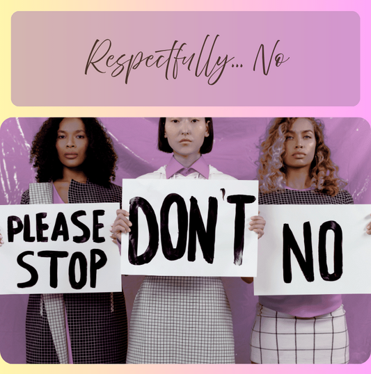 Three women holding signs with text against a gradient background