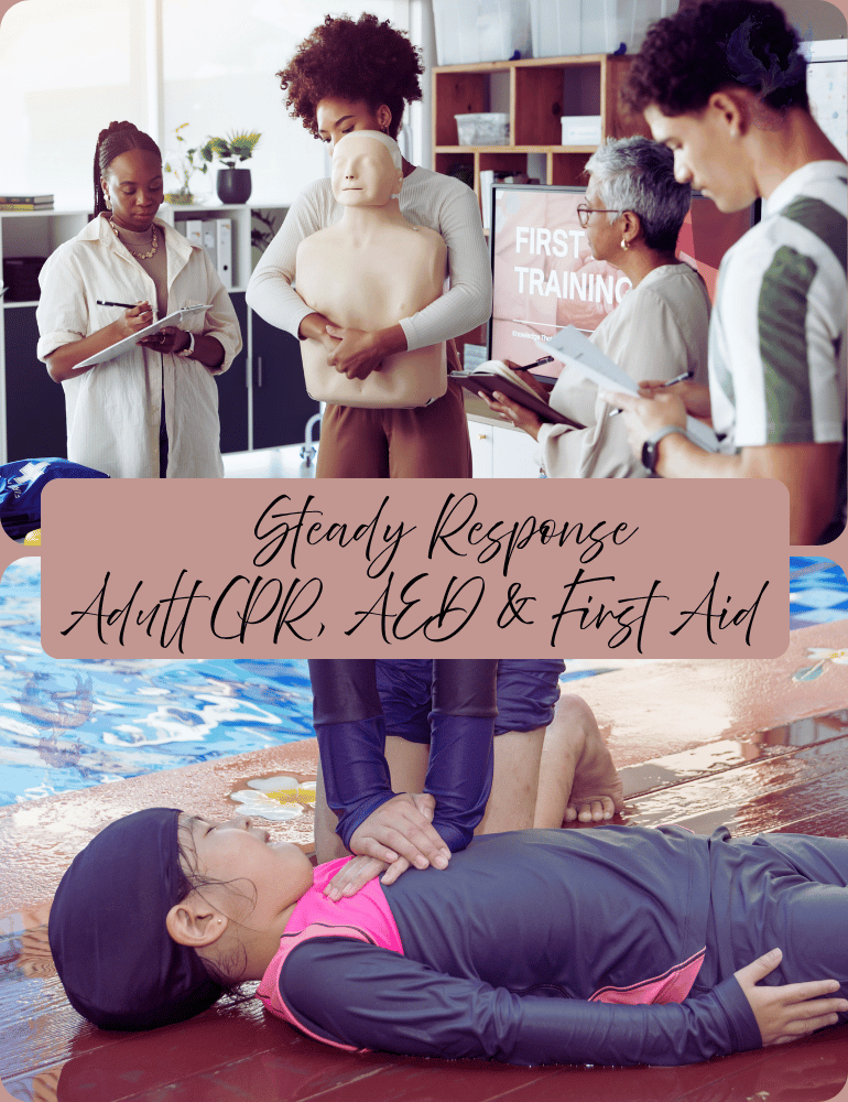 Group of people participating in a CPR and first aid training session with a focus on adult CPR, AED, and first aid.