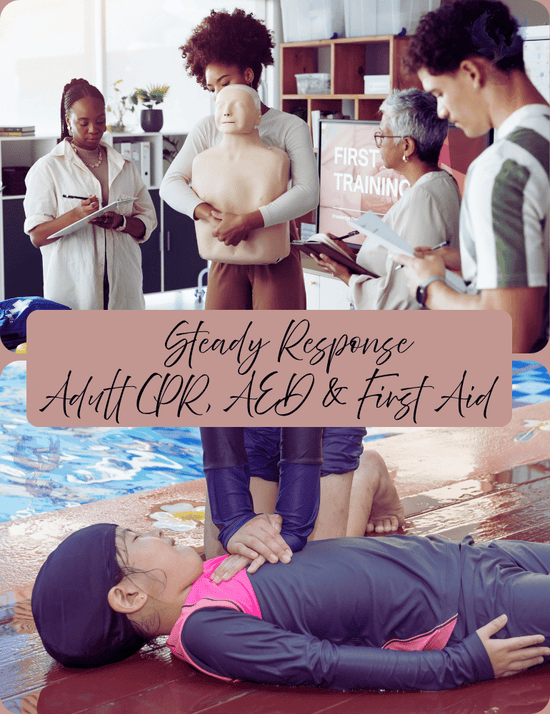 Group of people participating in a CPR and first aid training session with a focus on adult CPR, AED, and first aid.