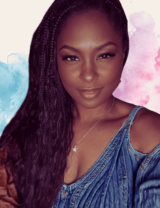 Woman with braided hair wearing a denim top against a colorful watercolor background