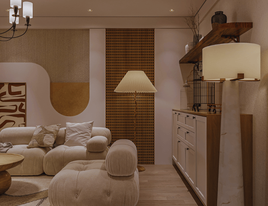 Modern living room with beige sofa, ottoman, and decorative elements.