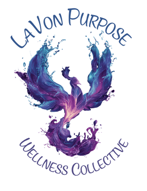 Colorful water phoenix design with 'Lavon Purpose Wellness Collective' text on a green background