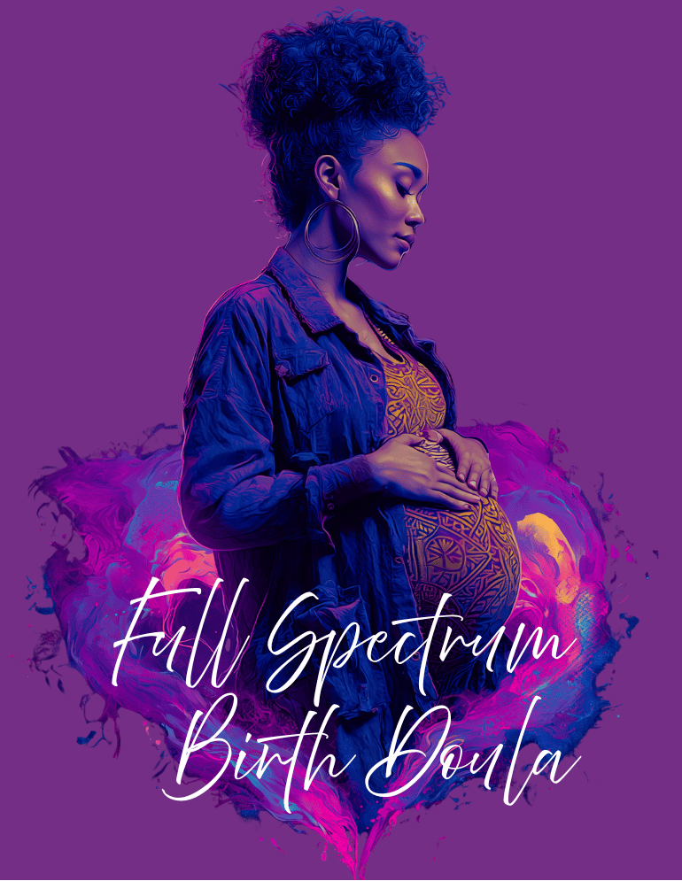 Pregnant woman with 'Full Spectrum Birth Doula' text on a purple background