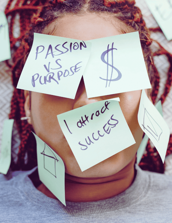 Person with post-it notes on face with motivational text