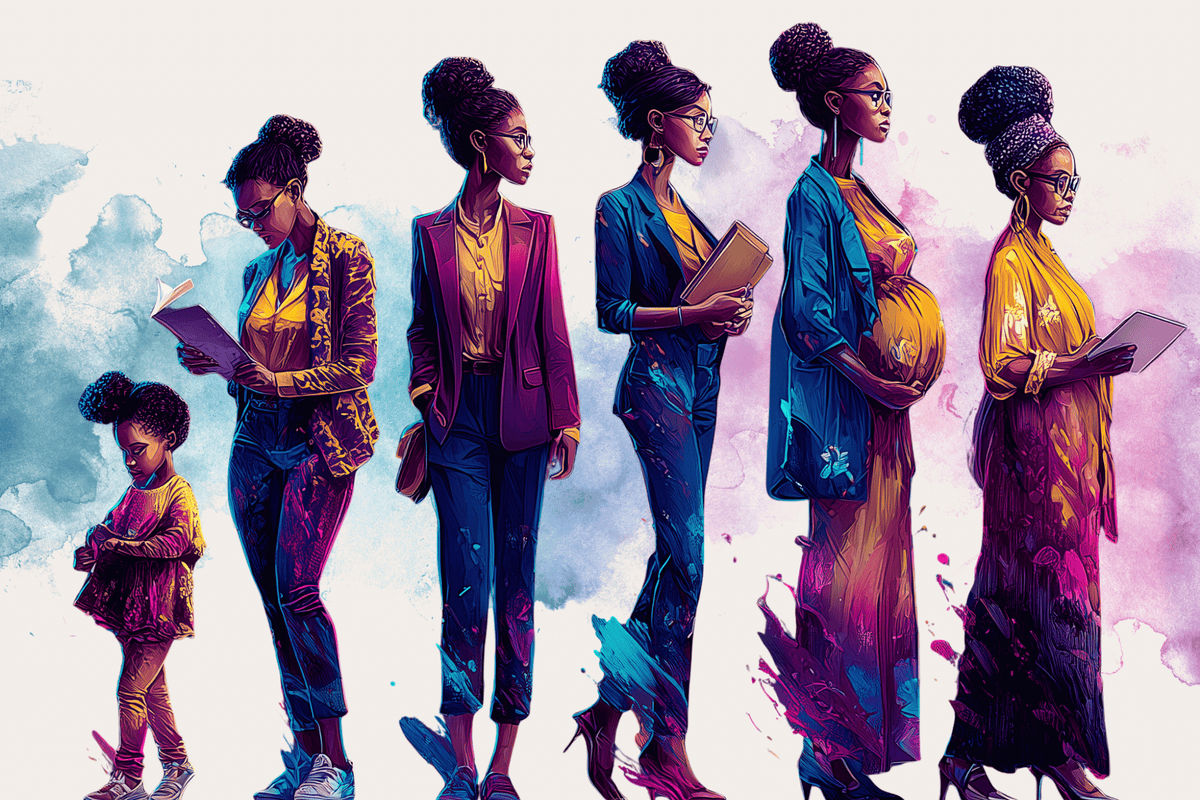 Illustration of five stages of womanhood in various outfits with a child, set against a colorful abstract background.