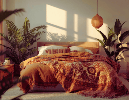 Cozy bedroom with patterned bedding, plants, and warm lighting