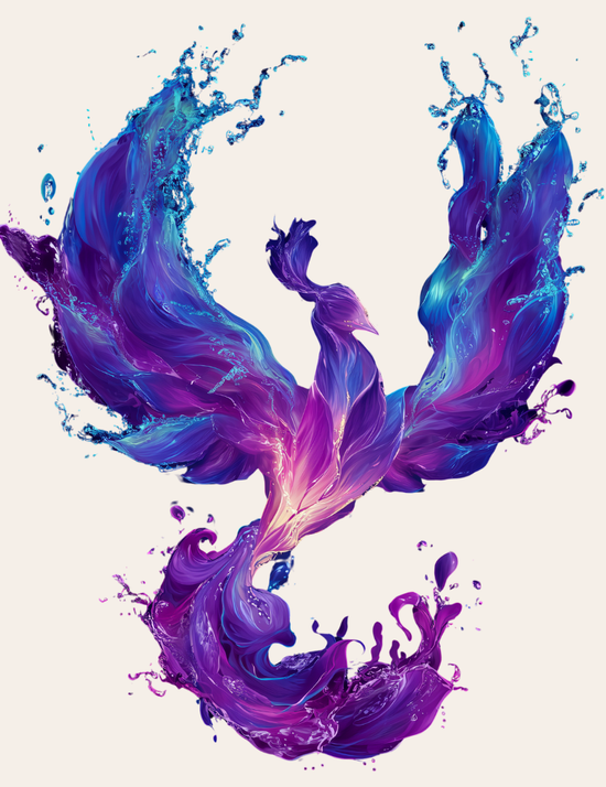 Colorful design of swirling blue and purple water  phoenix on a white background